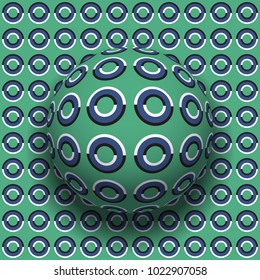 Rings patterned sphere rolling along the same surface. Abstract vector optical illusion illustration. Motion background and tile of seamless wallpaper.
