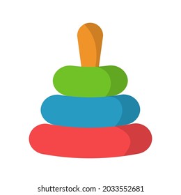 Rings pyramid toy. Single educational toddler toy. Vector flat illustration. Children's toy isolated on a white background. Pyramid toy icon, rainbow circles. Fine motor development
