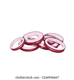 Anillos de bombilla de cebolla roja de color plana objetos vectoriales aislados. Cebolla para cocinar ilustración de estilo de caricatura