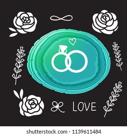 Rings sign wedding card. Vector illustration bright stone is a flat slice.