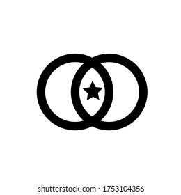 Rings and a star outline vector icon. Review element. Engagement and wedding concept.  Flat simple line design illustration.
