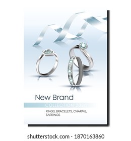 Rings Store Creative Promotional Poster Vector. Jewellery Platinum Or Silver Rings Decorated Gemstones On Advertising Banner. Fashionable Present On Valentine Day Style Concept Template Illustration