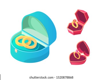 Rings for wedding and engagement in various boxes set isolated on white background. Gold annulus with precious sparkling gem stones. Jewelry accessory or pleasant surprise. Cartoon vector illustration