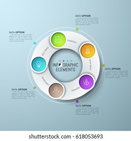 Ring-shaped chart with 5 overlapping elements, thin line pictograms and text boxes. Five successive steps of of idea creation and realization concept. Infographic design layout. Vector illustration.
