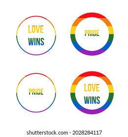 Ring-shaped icons with the colors of the LGBTQ+ flag and the phrases Love Wins and Pride inside