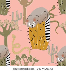 Ringtail animal in wild nature cute childish seamless pattern. American endemic animal