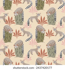 Ringtail animal in wild nature cute childish seamless pattern. American endemic animal