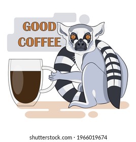 A ring-tailed lemur with large frightened eyes holds a chaka with coffee in his hand. The inscription "Good coffee". Lemur catta was very encouraged by the coffee. Vector illustration, logo, cafe