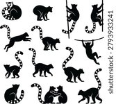 Ring-tailed lemur silhouette set in different poses