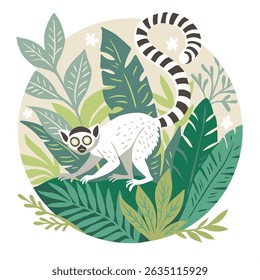 Ring-tailed lemur standing in lush tropical jungle with layered green leaves and flowers, in vibrant paper cut style on soft green background