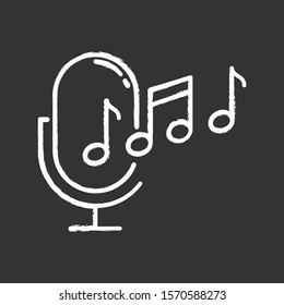 Ringtone recognition chalk icon. Melody definition app idea. Sound recorded. Microphone and notes, music equipment. Voice command. Professional mike. Isolated vector chalkboard illustration