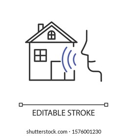 Ringtone recognition linear icon. Melody definition app. Sound recorded. Microphone and notes, music equipment. Thin line illustration. Contour symbol. Vector isolated outline drawing. Editable stroke