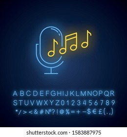 Ringtone recognition neon light icon. Melody definition app idea. Sound recorded. Microphone and notes, music equipment. Glowing sign with alphabet, numbers and symbols. Vector isolated illustration
