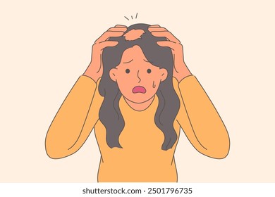 Ringworm on head woman, puzzled by new disease that has ruined hair, stands with tears in eyes. Hair of girl in need of medicated shampoo fell out due to ringworm after contact with infectious animal