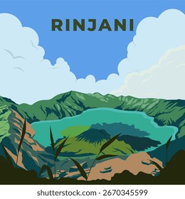 Rinjani vista de montaña plana ilustración paisaje