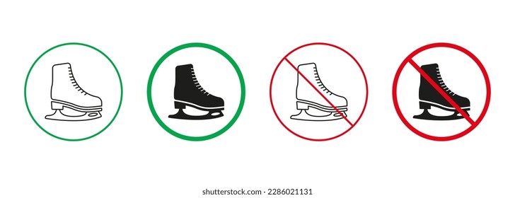 Rink Area Recreation Line and Silhouette Icons Set. Figure Skating Red and Green Signs. Allowed and Prohibited Skater Place Pictogram. Isolated Vector Illustration.
