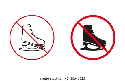 Conjunto de señales de advertencia de recreación de área de pista. Patinaje artístico no permitido, Skate Prohibit Line e iconos de silueta. Símbolo de círculo rojo de patinaje sobre hielo. Ilustración vectorial aislada.