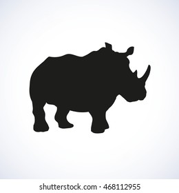 Rino is powerful huge herbivorous mammal isolated on white background. Black ink hand drawn image sketch in art retro style pen on paper. Side view with space for text