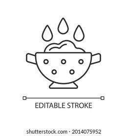 Rinse cooking ingredient linear icon. Wash rice on bowl with holes. Soaking product. Thin line customizable illustration. Contour symbol. Vector isolated outline drawing. Editable stroke