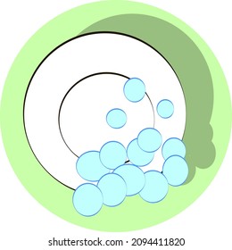 Rinse Dishes. Round Plate. Bubble Foam. Cleanliness Icon And Concept. Vector Illustration.