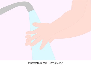 rinse hands with faucet. water flowing. personal hygienic. disease prevention. health care. toddler hand.​ Illustration vector.