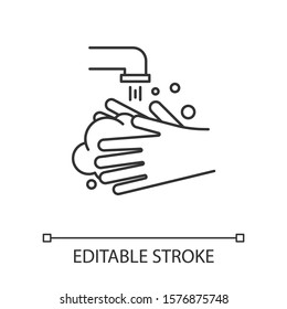 Rinse hands linear icon. Hygiene, healthcare. Common cold precaution. Germ cleansing. Washing hand. Disinfect. Thin line illustration. Contour symbol. Vector isolated outline drawing. Editable stroke