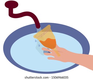 Rinse the menstrual cup under clean tap water flat cartoon vector illustration. Feminine hygiene concept.