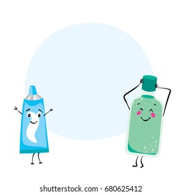 Rinse for the mouth and tube of toothpaste with funny smiles. Vector illustration for a postcard or a poster. Dentistry and oral care.