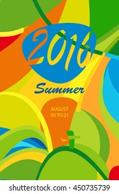 Rio. 2016 abstract colorful poster. Rio de Janeiro 2016 Brazil Games wallpaper. Summer color of Rio background. Summer Athletic competition. Sport Brazil illustration. For design and advertising.