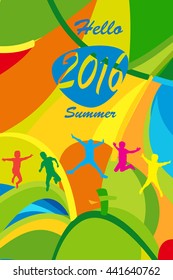 Río. 2016 Resumen de los antecedentes de verano. Niños felices saltando sobre colorido fondo geométrico abstracto. Texto en color de verano Brasil Hola folleto de verano sobre deportes, campamento. Diseño de publicidad en Internet, Diseño de arte, impresión