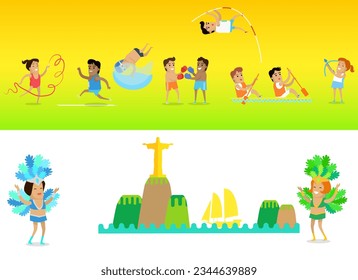 Rio 2016 concept banners. Sport games Brazil. Traditional world famous International competitions in summer sports. Cartoon characters athletes compete in different disciplines