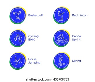 Rio 2016 Olympic games in Brazil. Rio summer Olympic games icons vector illustration. Sport disciplines vector icons and illustrations. Rio summer Olympic games symbols. Sport categories Rio 2016.