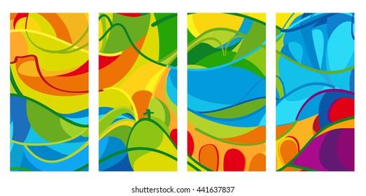 Rio. 2016 set brochure colorful abstract backgrounds. Summer. Athletic Games Brazil pattern. Rio de Janairo Sport summer Brazil vector invitation Art Print Web design 2024 Carnival, festival camp kids