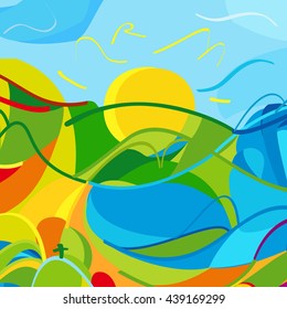 Rio. Brazil 2016 abstract landscape of summer colors green grass, orange mountains, yellow sun, blue sky. Dynamic Color shapes lines 2023 Summer Sport Brazil Carnival background Art, Print, web design