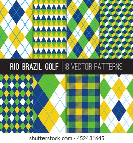 Rio Brazil Golf Style Patterns. Sport Fashion Prints In Brazilian National Colors. Yellow, Green, Blue And White Argyle, Geo And Tartan Plaid. Vector File's Pattern Swatches Made With Global Colors.