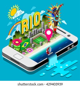 Rio Brazil Summer Games Infographic. Sport Event Rio Infographic on Device Smartphone Online Sport Info. Brasil Landmark Soccer Signs and Symbols Carnival Flag. 3D Isometric Vector eps10 Illustration.