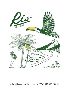 Rio Brasil design de vetor de viagem, arte de férias de praia tropical para t shirt, cartaz, impressão, bananeira e pássaro tucano, Copacabana praia arte vetorial