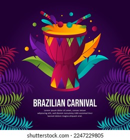 Rio Brazilian carnival party background , colorful drum, stick and palm leaves illustration