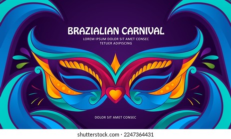 Rio Brazilian carnival party banner, colorful mask and feather illustration with blue and purple background  