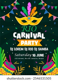 Rio Brazilian Carnival Poster with colorful Mask and decorative element