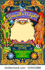 Rio Carnaval festival poster illustration. Brazil night Show Carnival Party Parade birthday masquerade invite background. Latin dance artist samba event dancer crazy theme. Carnival mask vector symbol