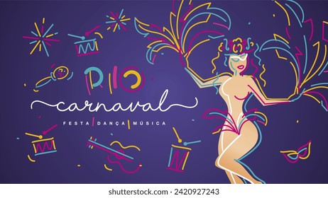 Carnaval de Río 2024: música de baile en portugués. Niña de fiesta colorida enmascarada con elementos de carnaval tambores sonar guitarra destellos fuegos artificiales aislados en fondo morado