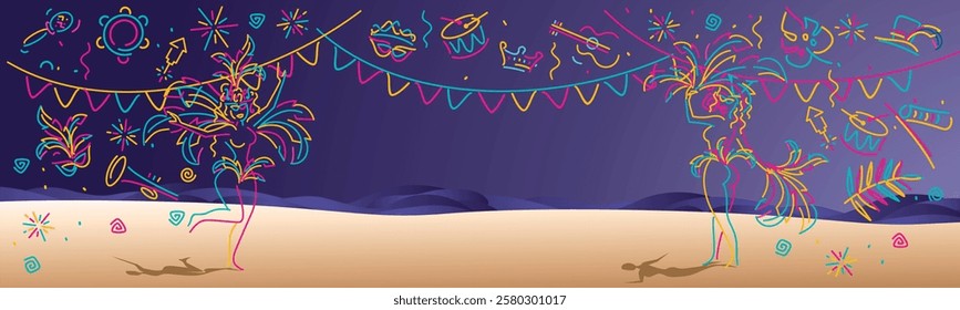 Rio Carnival 2025. Beautiful handwriten line design mask drums rattles guitar fanfare tambourine crown tiara plants flags ribbons sparkle firework confetti dancers on the beach with a purple night sky