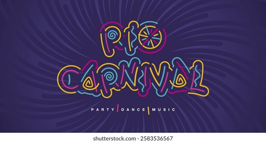 Rio Carnival 2025 new colorful handwriten line design typography. Rio Carnival logo title on purple background