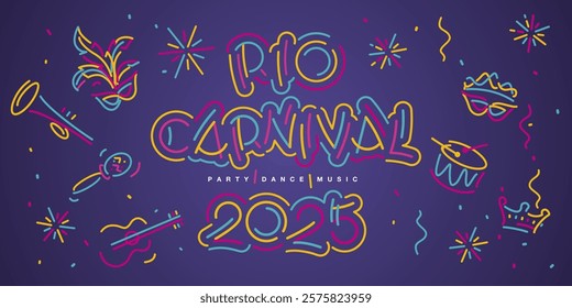 Rio Carnival 2025 new handwriten line design typography party dance music elements. Mask drums rattles guitar fanfare crown tiara flags ribbons sparkle firework confetti on purple background