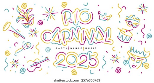 Rio Carnival 2025 new handwriten line design typography party dance music elements. Mask drums rattles guitar fanfare crown tiara flags ribbons sparkle firework confetti on white background