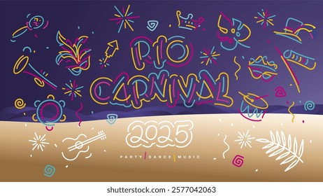 Rio Carnival 2025 new handwriten line design party dance music. Mask drums rattles guitar fanfare tambourine crown tiara plants ribbons sparkle firework confetti on the beach with purple night sky