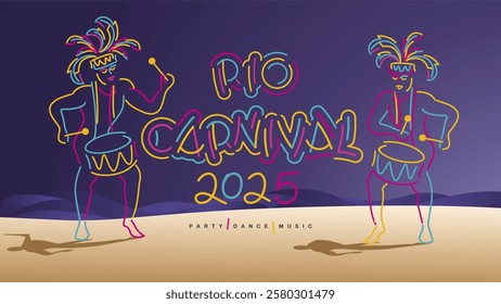 Rio Carnival 2025 new handwriten typography party dance music. Beautiful line design drummers on the beach with a purple night sky