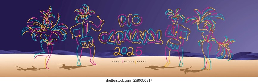 Rio Carnival 2025 on portuguese language new handwriten typography party dance music. Beautiful line design dancers and drummers on the beach with a purple night sky