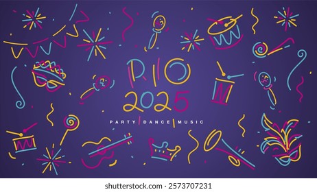 Rio Carnival 2025 party dance music elements banner. Mask drums rattles guitar fanfare whistle crown tiara flags ribbons sparkle firework confetti isolated on purple background